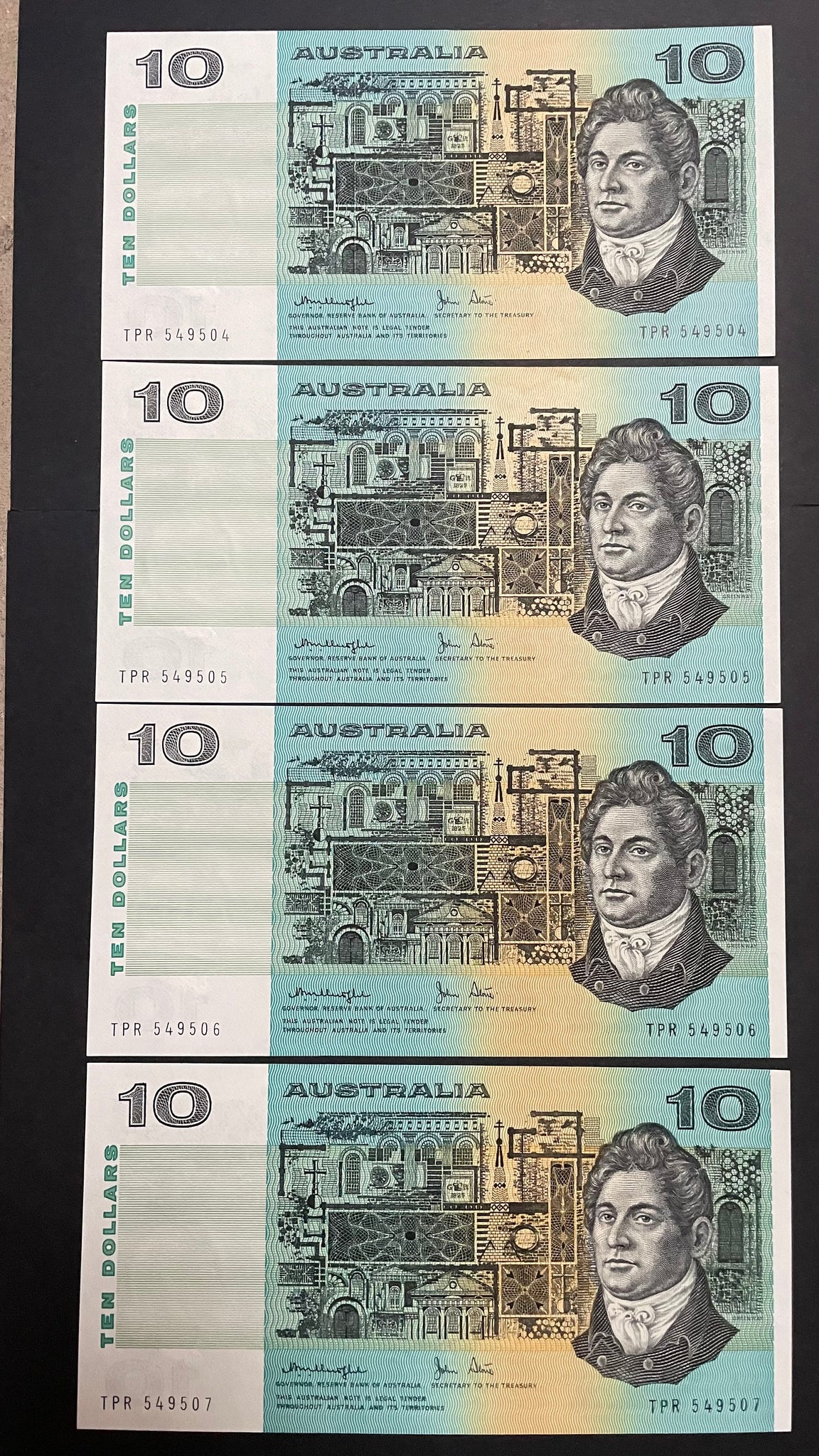 Australia $10 Banknote Knight Stone, Gothic Serial Numbers Uncirculated Run of 4 R307a