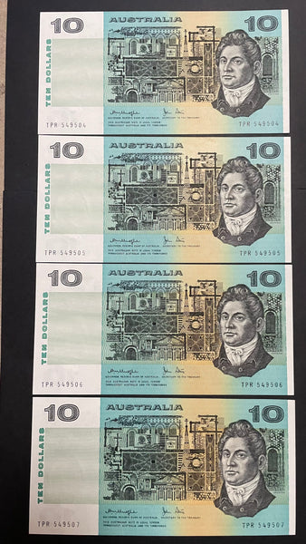 Australia $10 Banknote Knight Stone, Gothic Serial Numbers Uncirculated Run of 4 R307a