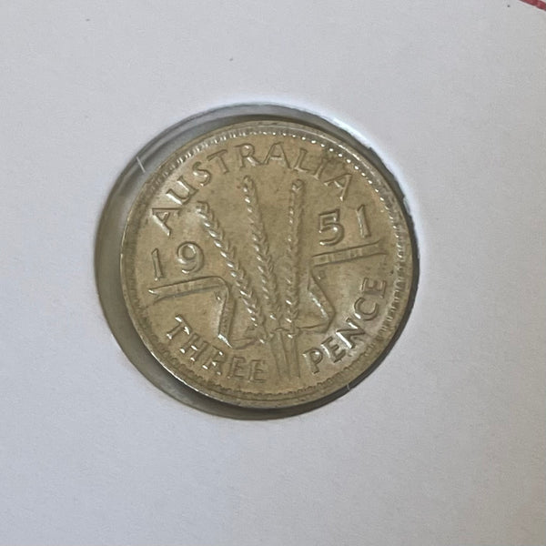 Australia 1951 Melbourne Mint 3d Threepence Silver Coin Uncirculated