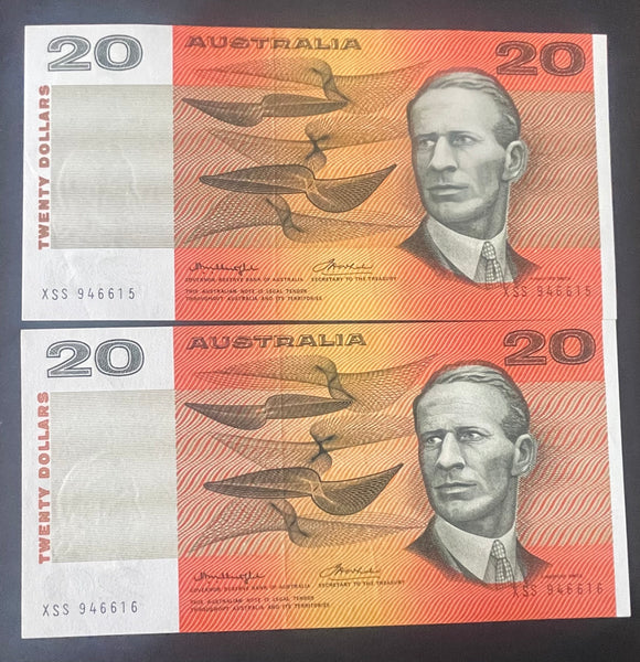 Australia 1976 $20 Knight Wheeler Centre Thread Light Folds Pair R406a
