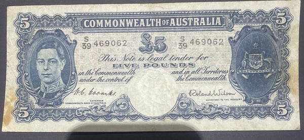 Australia R48 £5 Five Pounds KGV1 Pre Decimal Banknote Coombs/Wilson