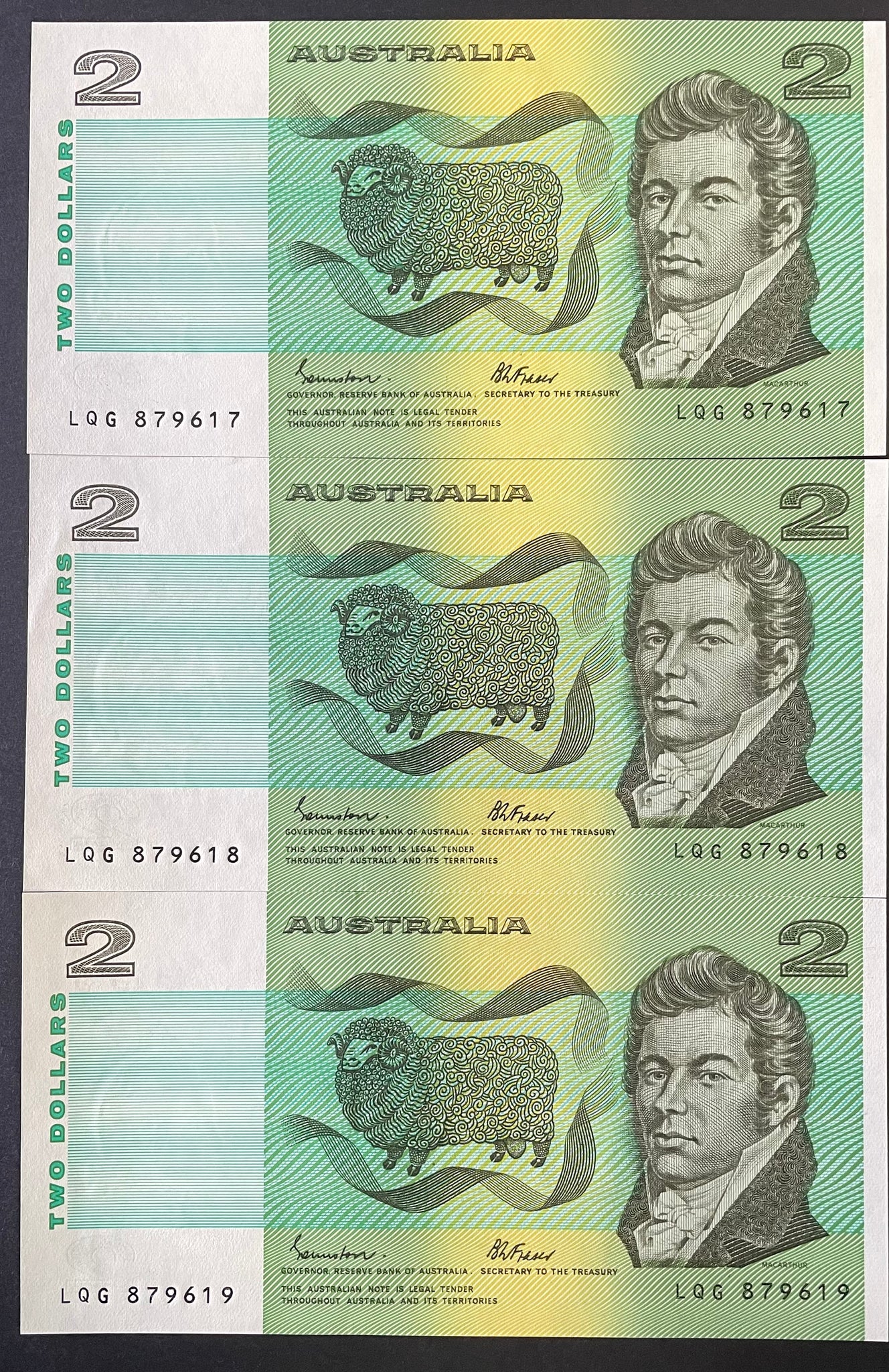 Australia 1985 $2 Johnston Fraser Last Prefix, Uncirculated run of 4. R89