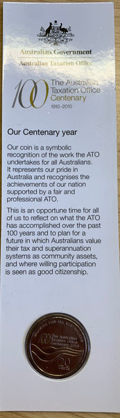 Australia 2010 20c Australian Taxation Office Centenary Uncirculated Coin on scarce official card