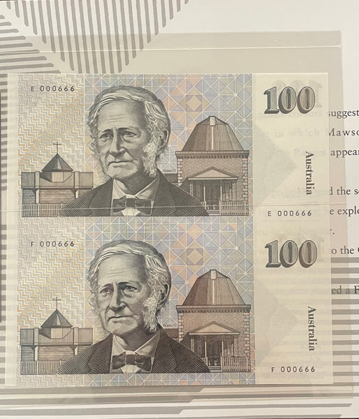 Australia 1995 $100 Uncut Vertical Pair Black Serial Numbers Banknote Folder