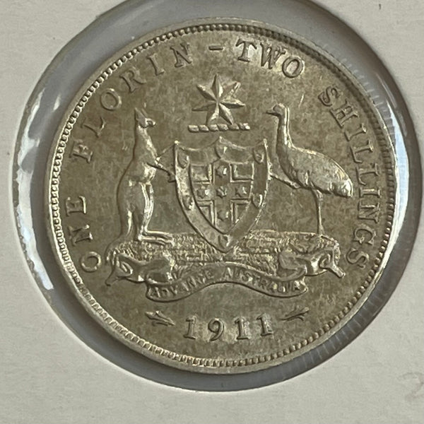 Australia 1911 2/- Florin Silver Coin about Very Fine VF Condition