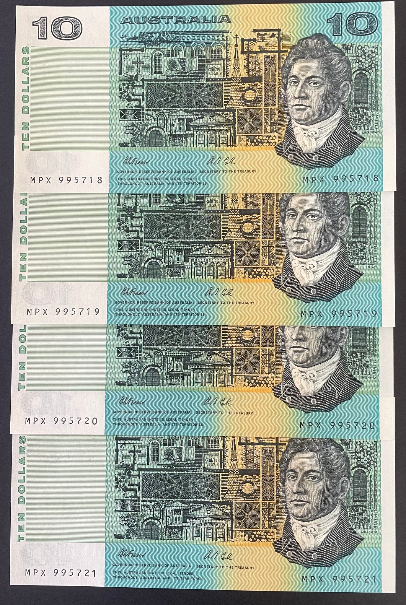 Australia 1991 $10 Fraser Cole Ten Dollars Uncirculated Run of 4 with Plate Letter. R313a
