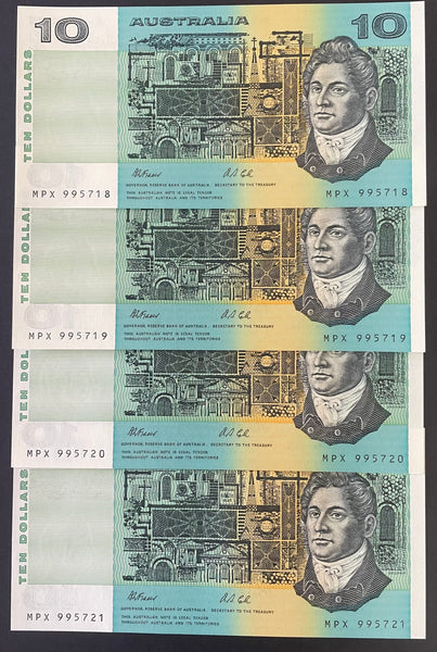 Australia 1991 $10 Fraser Cole Ten Dollars Uncirculated Run of 4 with Plate Letter. R313a