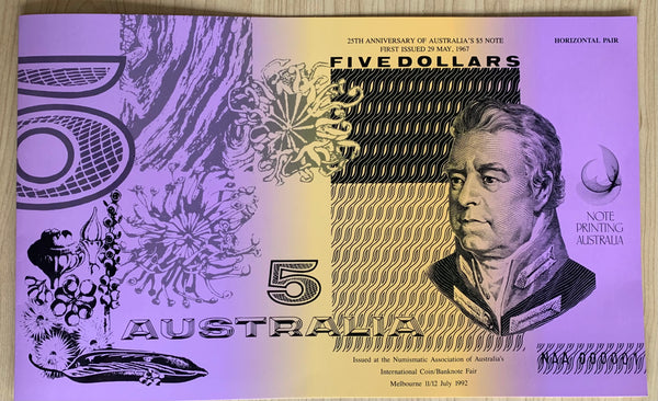 Australia 1992 $5 25th Anniversary Uncut Pair Coin/Banknote Fair Banknote Folder