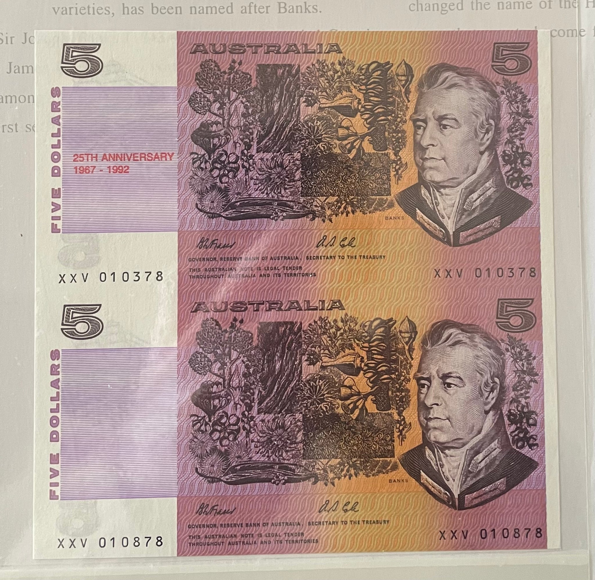 Australia 1992 $5 25th Anniversary Uncut Pair Banknote Folder