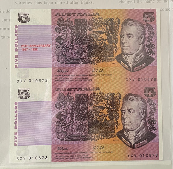Australia 1992 $5 25th Anniversary Uncut Pair Banknote Folder