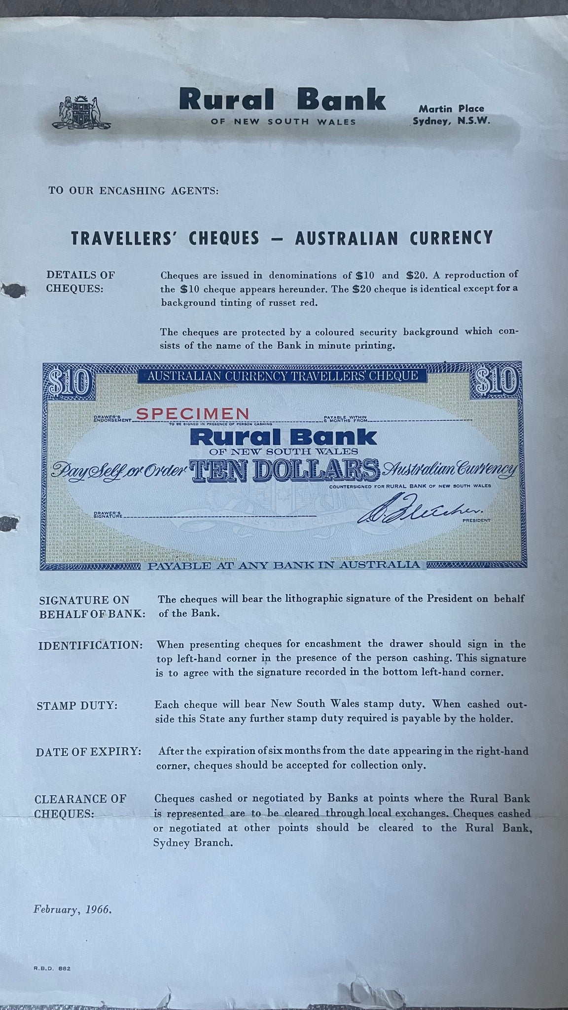 Australia Rural Bank of  NSW 1971 $10 Travellers Cheque Overprinted Specimen