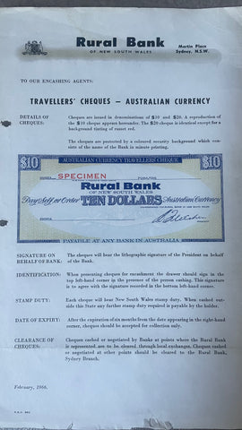 Australia Rural Bank of  NSW 1971 $10 Travellers Cheque Overprinted Specimen