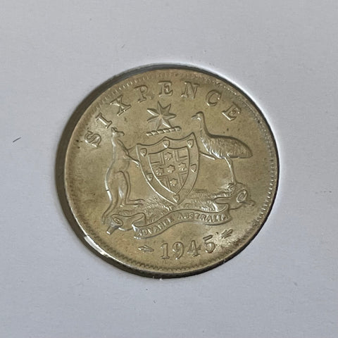 Australia 1945 6d Sixpence Silver about Uncirculated Condition