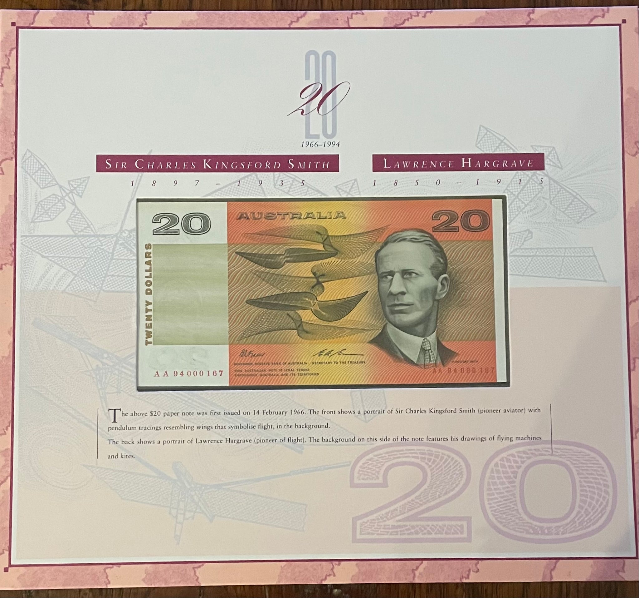 Australia 1994 $20 Last Paper and 1st Polymer Banknote Portfolio Matching Red Serial Numbers