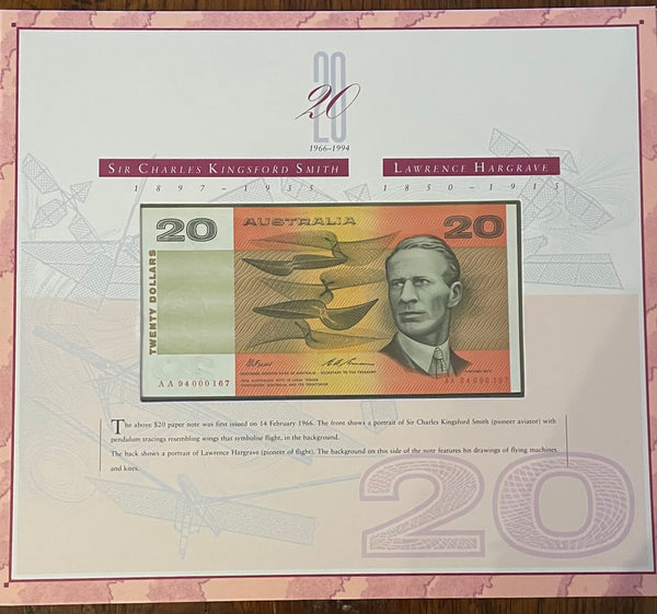 Australia 1994 $20 Last Paper and 1st Polymer Banknote Portfolio Matching Red Serial Numbers