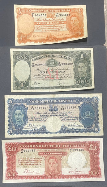 Australia 1938-40 Set of 4  KGV1 Pre Decimal £10, £5, £1 and 10/- Ten Shillings, One, Five  + Ten Pounds Banknotes Sheehan/McFarlane