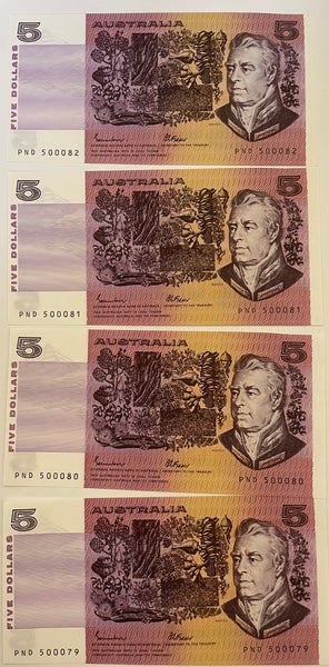Australia 1985 $5 Johnston Fraser OCRB Serials Banknote Uncirculated Run of 4. R209a