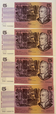 Australia 1985 $5 Johnston Fraser OCRB Serials Banknote Uncirculated Run of 4. R209a