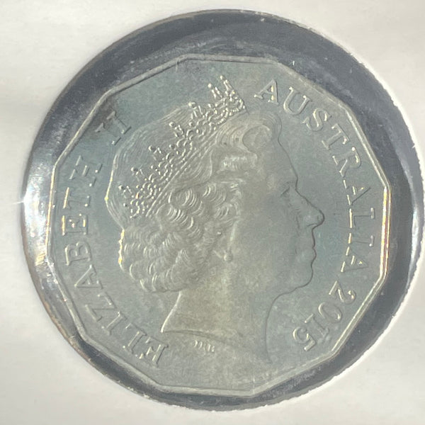 Australia 2015 50c Fifty cents Longest Reigning Monarch Uncirculated Coin in 2x2 mount