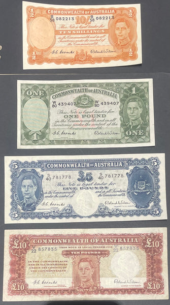 Australia 1952 Set of 4  KGV1 Pre Decimal £10, £5, £1 and 10/- Ten Shillings, One, Five  + Ten Pounds Banknotes Coombs/Wilson