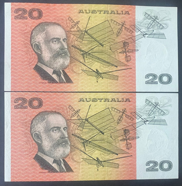 Australia 1976 $20 Knight Wheeler Centre Thread Light Folds Pair R406a