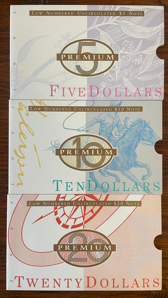 Australia 1995 $5, $10 & $20 Premium Banknote Folders Red Matching Serial Numbers