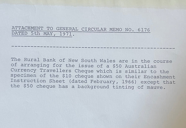 Australia Rural Bank of  NSW 1971 $10 Travellers Cheque Overprinted Specimen