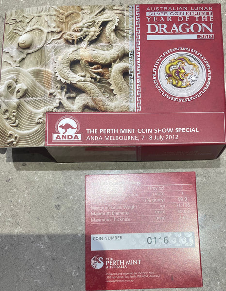Australia 2012 Year of the Dragon ANDA Melbourne Show .999 1oz Coloured Silver Coin