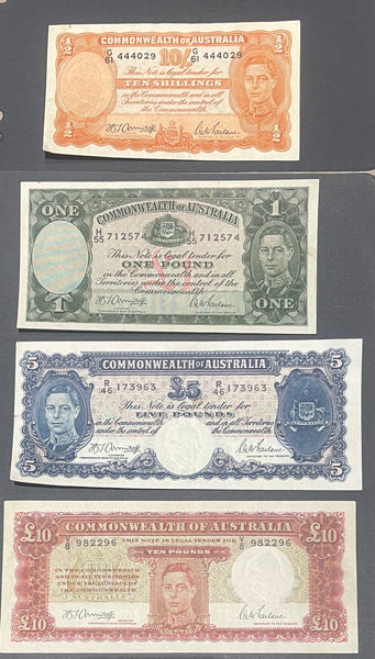 Australia 1941/3 Set of 4  KGV1 Pre Decimal £10, £5, £1 and 10/- Ten Shillings, One, Five  + Ten Pounds Banknotes