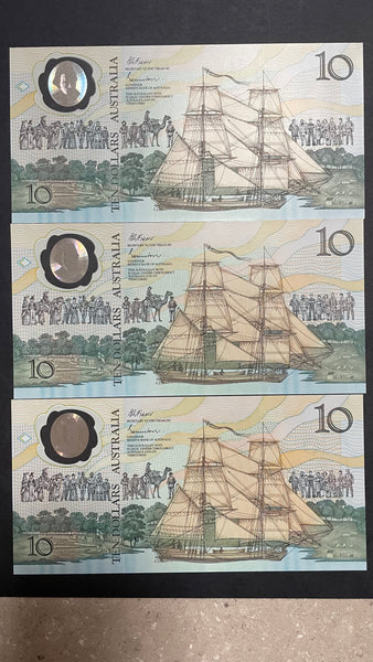 Australia Ten Dollar $10 1988 Bicentenary Johnston Fraser Polymer Banknote Second Printing Run of 3 R310b