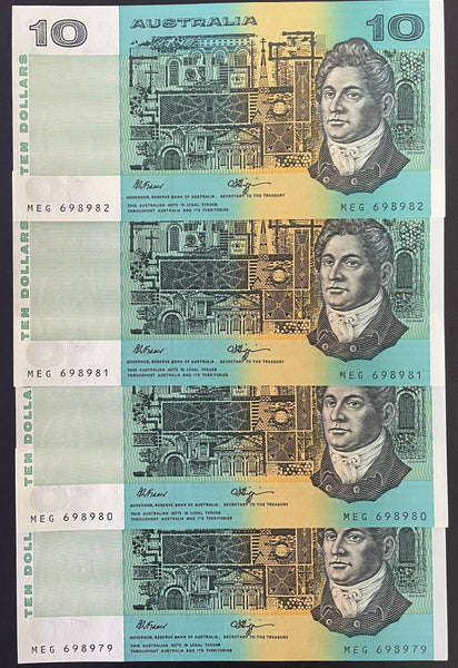 Australia $10 Banknote Fraser/Higgins Uncirculated Consecutive run of 4. R312