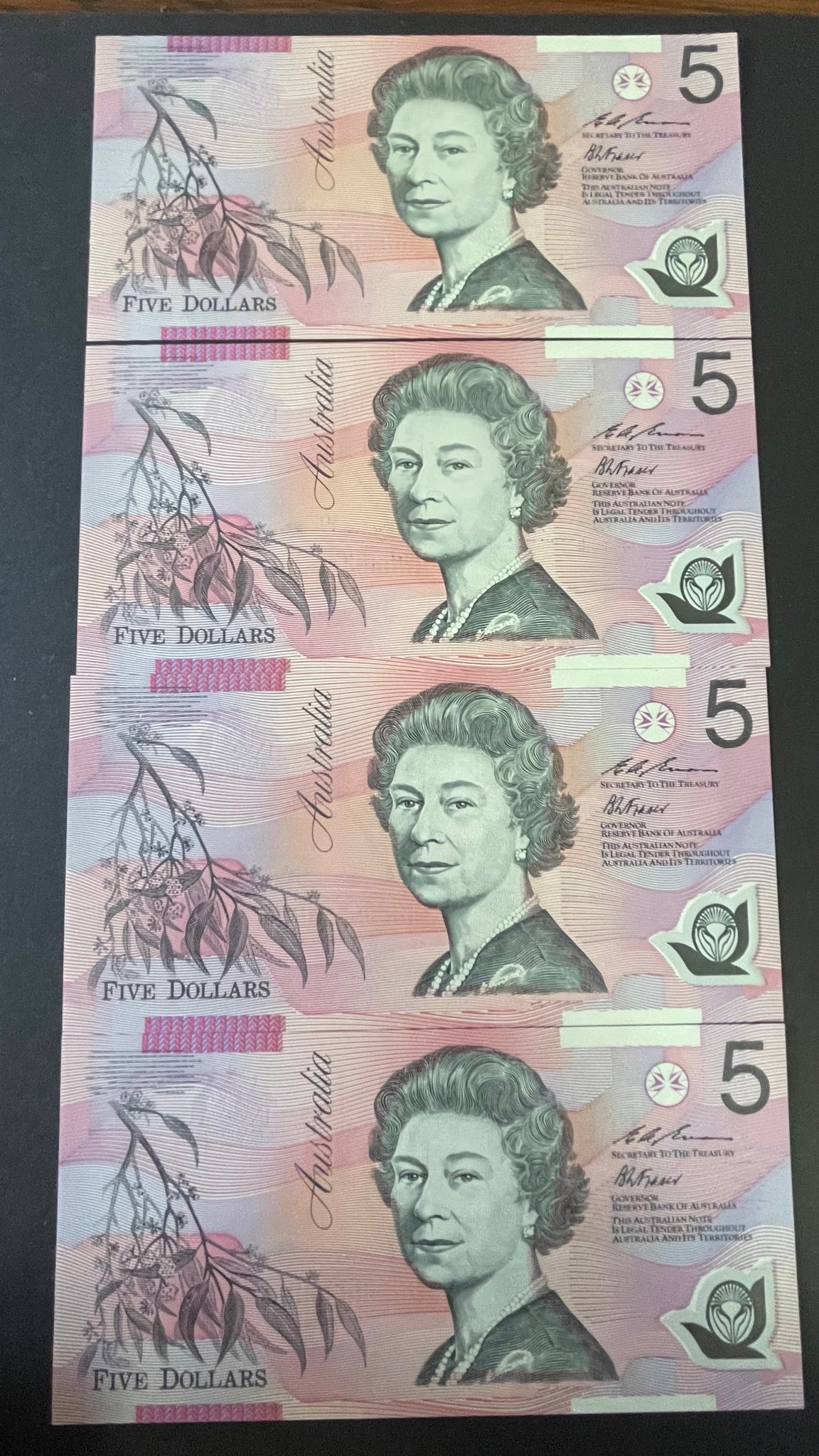 Australia 1995 $5 Evans Fraser Polymer Banknote Uncirculated Run of 4. R217AA