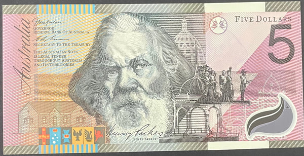 Australia $5 Federation Henry Parks, Catherine Spence AA01 First Prefix Polymer Uncirculated. R219F