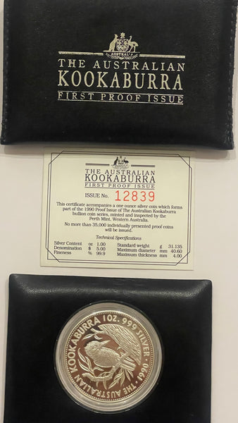 Australia 1990 Perth Mint $5 Kookaburra 1oz Silver Proof Coin