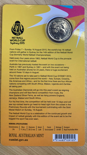 2015 20 Cents Uncirculated Australian Netball World Cup