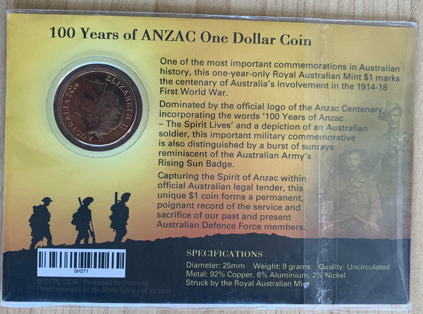 2014 Australia ANZAC Centenary carded $1 Uncirculated Coin First First World War Centenary - The Spirit Lives