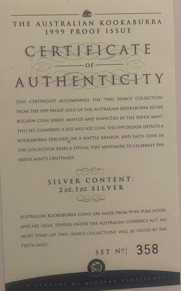 Australia 1999 Perth Mint Kookaburra 1oz & 2oz .999 Silver Proof Coin Set