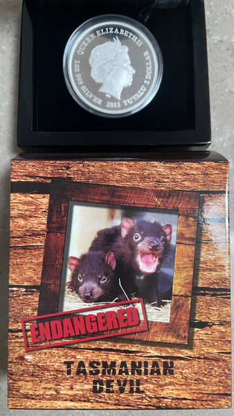 Tuvalu 2013 $1 Endangered Tasmanian Devil 1oz 999 Silver Proof Coin