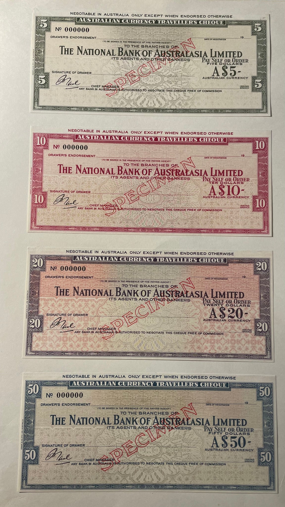 Australia National Bank 1965 $5, $10, $20 & $50 Travellers Cheque Overprinted Specimen