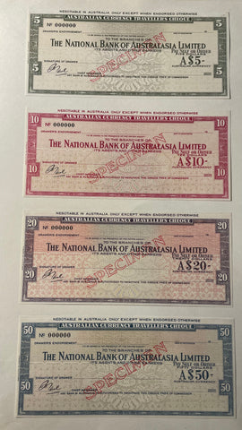 Australia National Bank 1965 $5, $10, $20 & $50 Travellers Cheque Overprinted Specimen