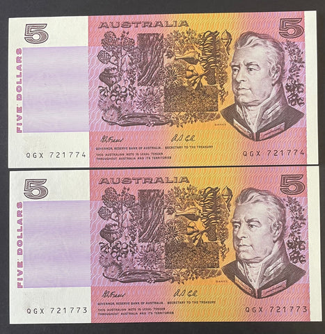 R213F 1991 Australia $5 Fraser Cole Five Dollars Banknote First Prefix Pair