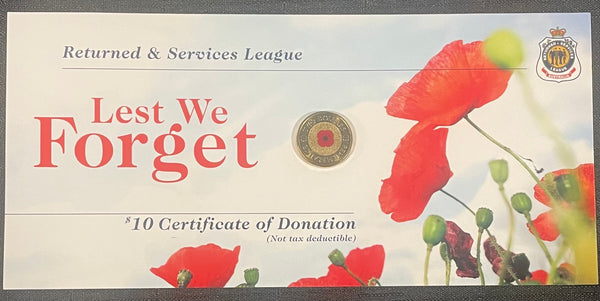 2012 RAM $2 Coloured Poppy Lest We Forget Remembrance Day Uncirculated Coin in RSL card