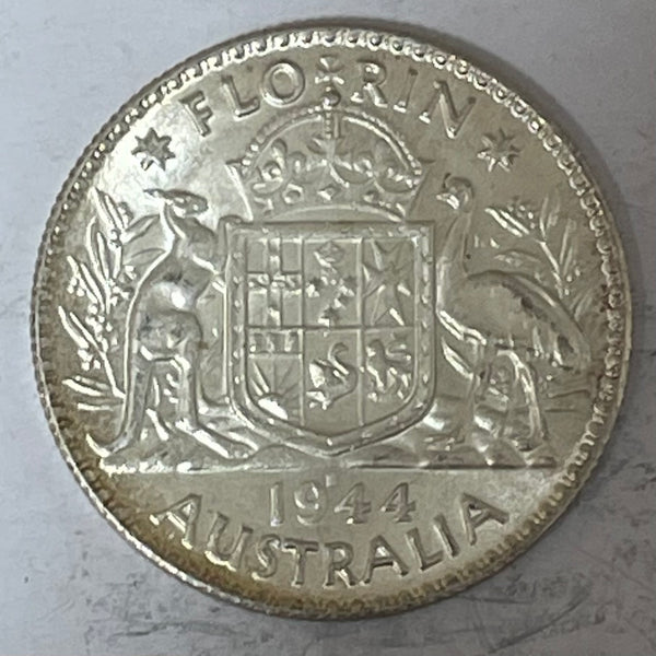 Australia 1944s 2/- Florin Silver Coin about Uncirculated