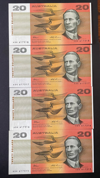 Australia 1994 $20 ADK Fraser Evans Last Prefix Uncirculated Run of 4. R415L