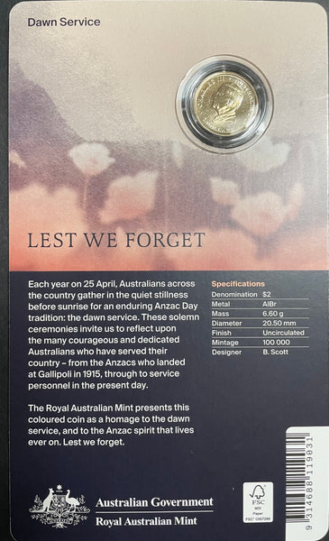 2026 Royal Australian Mint Dawn Service Lest We Forget $2 Uncirculated Carded Coin