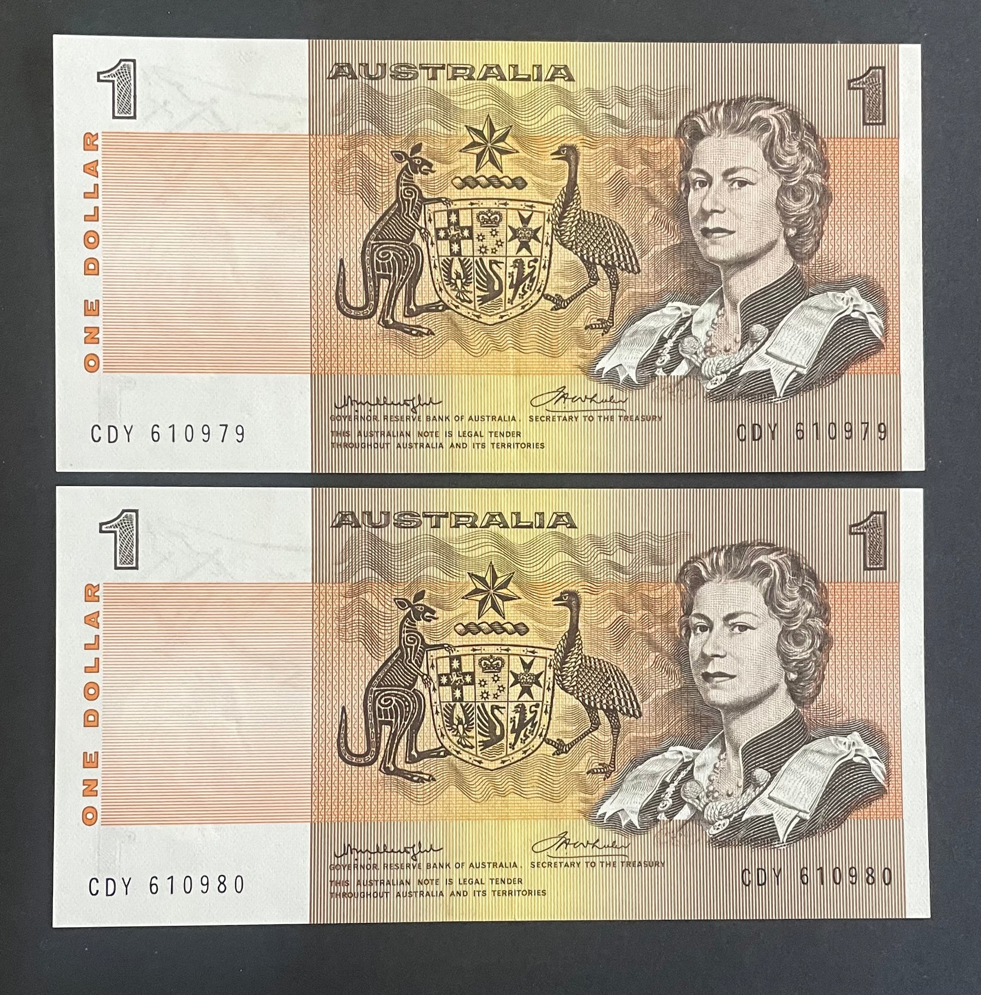 Australia 1976 R76a $1 Knight/Wheeler Centre Thread Folded Uncirculated Pair