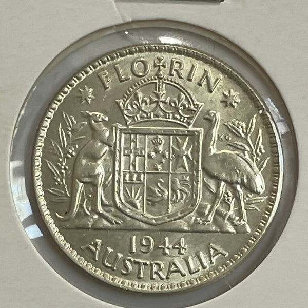 Australia 1944 2/- Florin Silver Coin aUnc Condition
