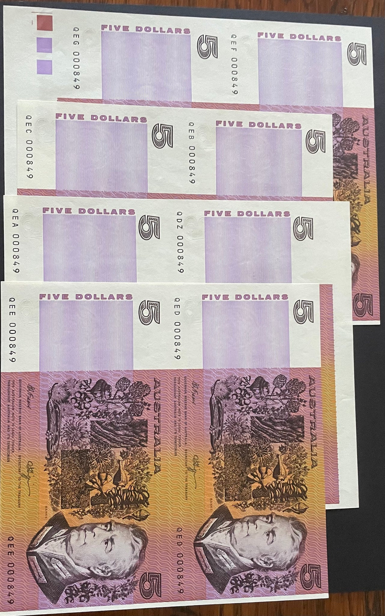 Australia 1991 $5 Fraser Higgins Five Dollars Banknote uncut Pairs x 4. R212