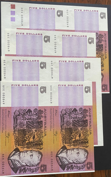 Australia 1991 $5 Fraser Higgins Five Dollars Banknote uncut Pairs x 4. R212
