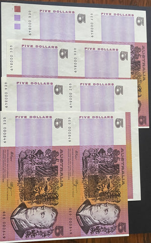R212 1991 Australia $5 Fraser Higgins Five Dollars Banknote uncut Pairs x 4